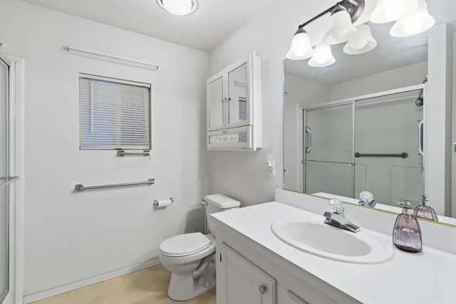 a bathroom with a sink a toilet and mirror