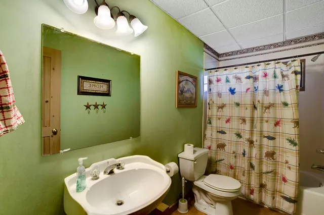 a bathroom with a sink toilet and shower