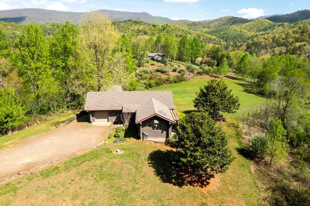 an aerial view of residential house with swimming pool and large trees