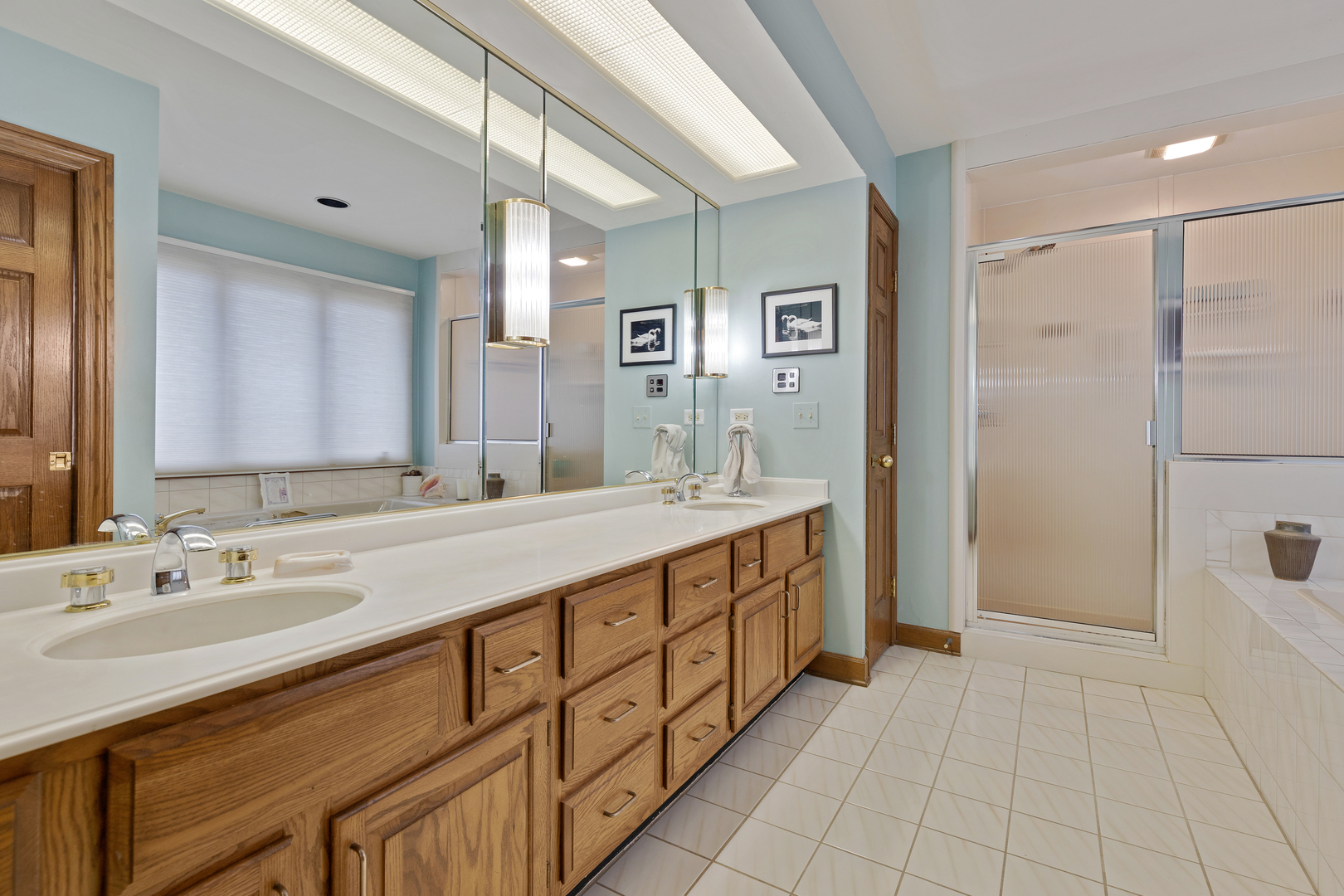 1133 Edgewater Drive Naperville, IL 60540 - Photo 25 of 37 a spacious bathroom with a double vanity sink a mirror and a shower