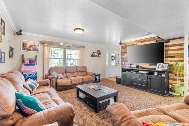 5727 South 3550th Street West Roy, UT 84067 - Photo 17 of 49 Spacious living area featuring a prominent wood plank accent wall