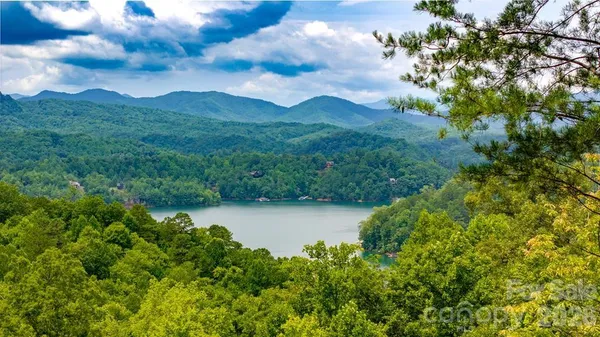 a view of a lake with mountains in the background