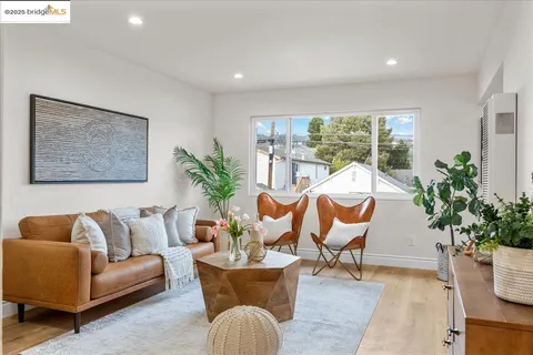 a living room with furniture and a potted plant