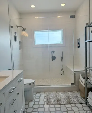 a bathroom with a granite countertop sink a toilet and a shower
