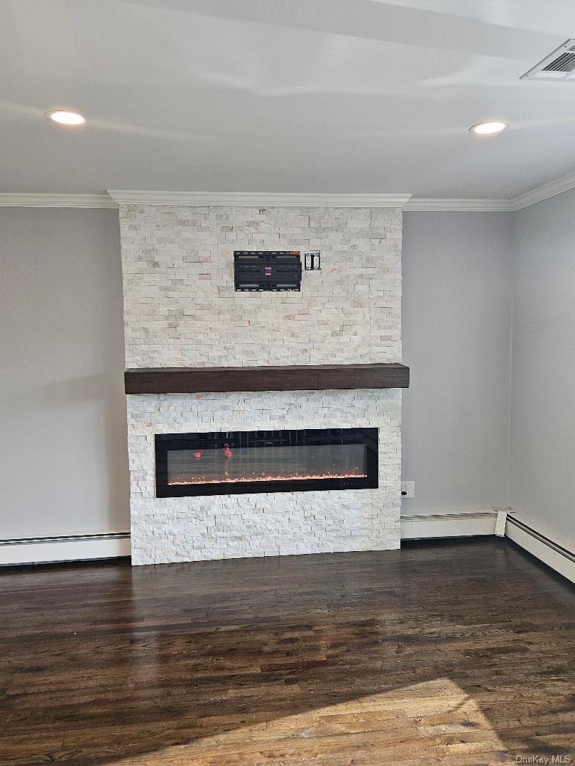 149 Truxton Road Dix Hills, NY 11746 - Photo 22 of 22 Detailed view of recessed lighting, a fireplace, wood finished floors, baseboard heating, and ornamental molding