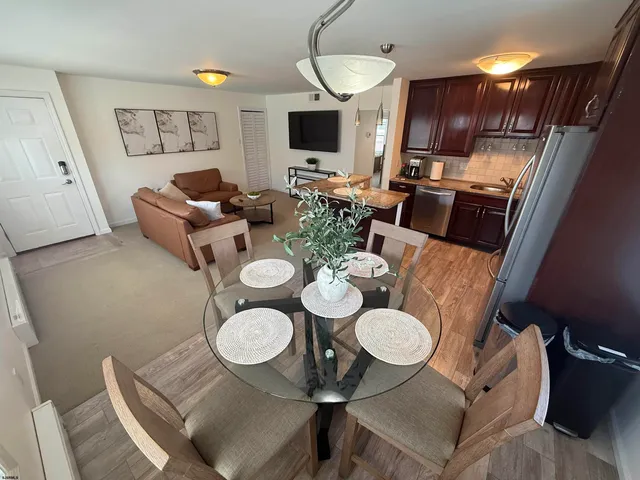 a view of a dining room with furniture