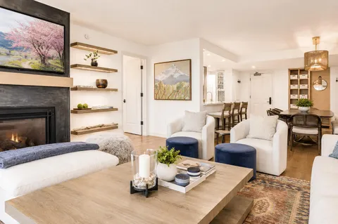 a living room with furniture two large window and a fireplace