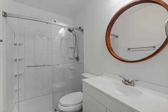 a bathroom with a sink a toilet and a mirror