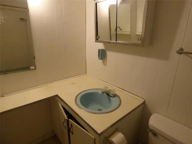 a bathroom with a sink a toilet and mirror