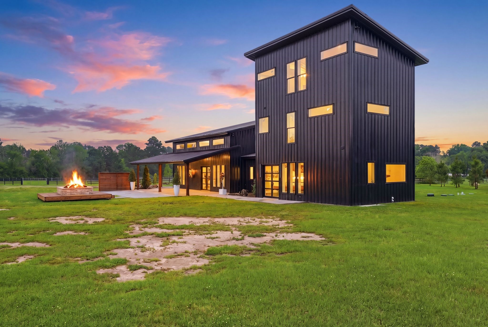 2743 Bobville Road Montgomery, TX 77316 - Photo 14 of 50 Modern black metal home with large windows and a unique design, set on a spacious grassy lot. Features an outdoor fire pit and scenic views, perfect for enjoying sunsets.