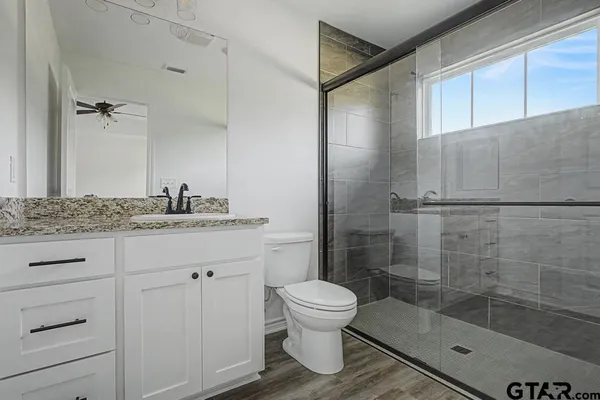 a bathroom with a granite countertop sink toilet and shower