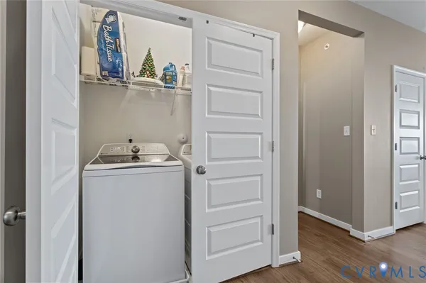a view of storage and utility room with wooden floor