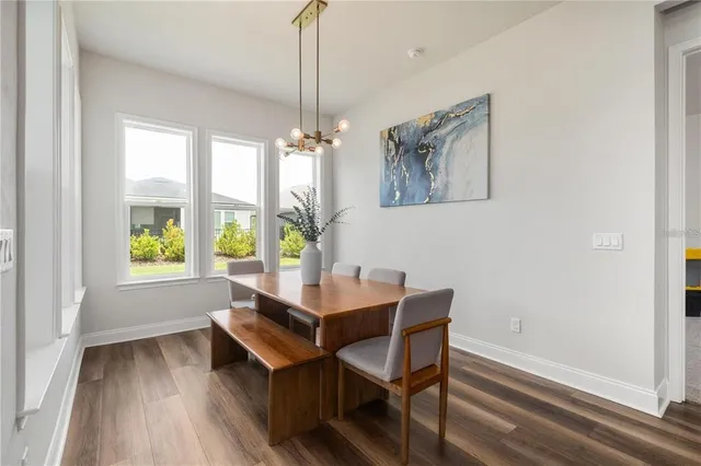 a view of a dining room with furniture window and outside view