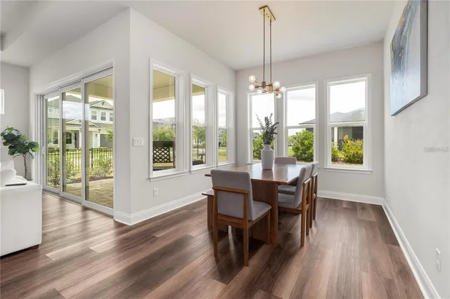 a view of a dining room with furniture window and wooden floor