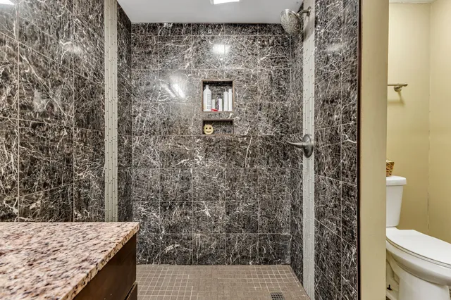 a bathroom with a granite countertop sink a toilet and shower