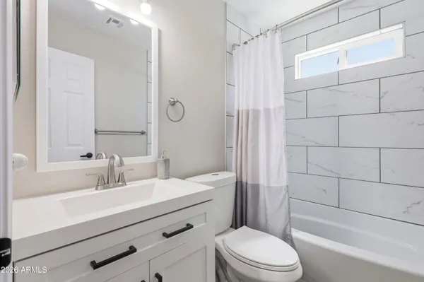 a bathroom with a sink a toilet a mirror a vanity and shower