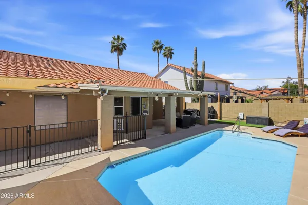 a front view of a house with patio