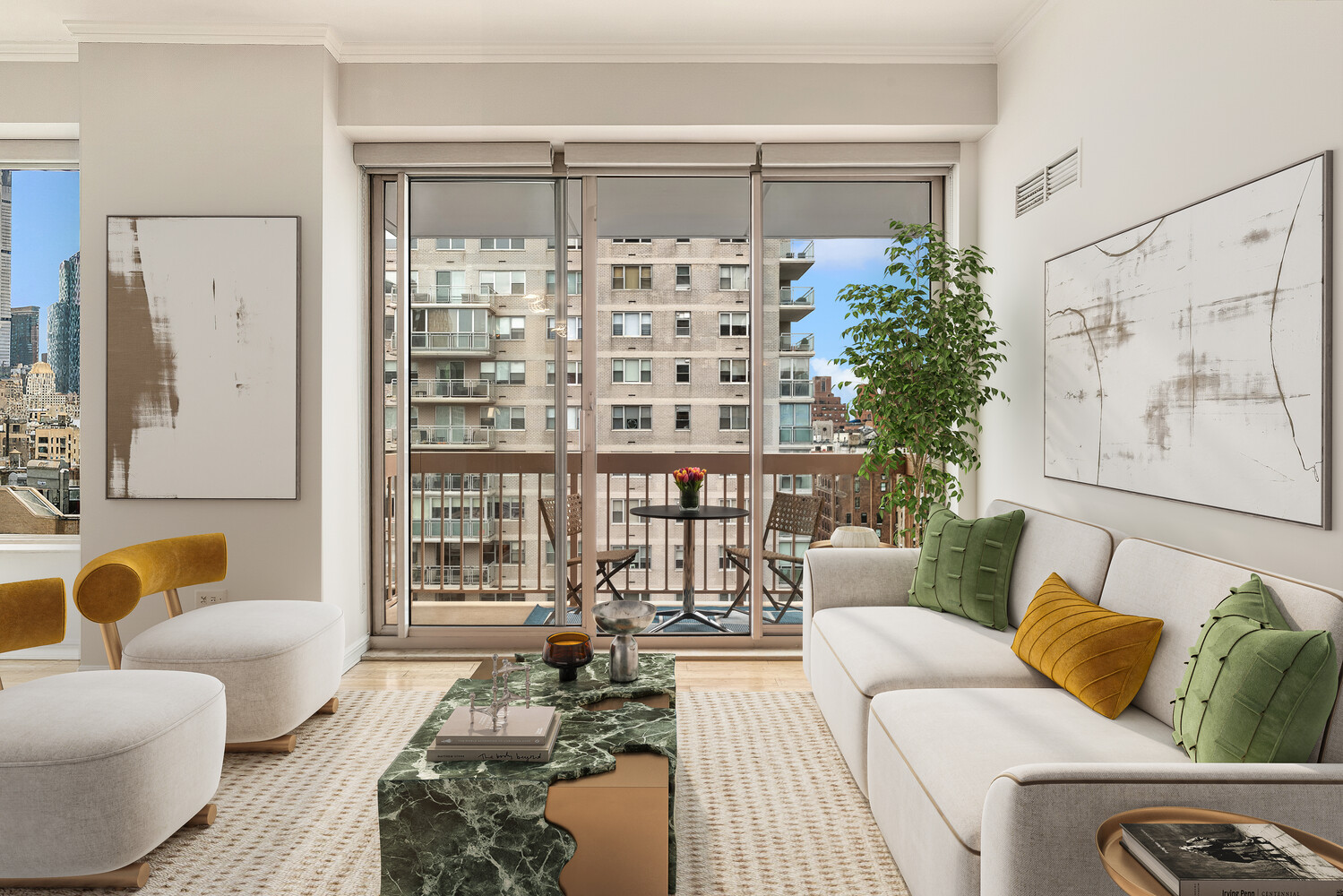 200 East 69th Street, Unit 16E Manhattan, NY 10021 - Photo 5 of 17 a living room with furniture and a large window with garden view