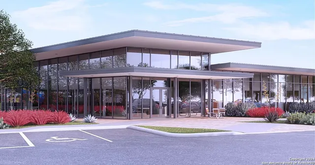 a front view of a building with street