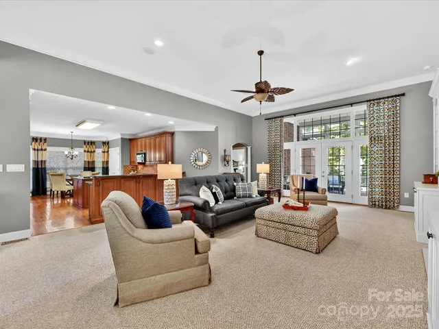 a living room with furniture ceiling fan and a rug