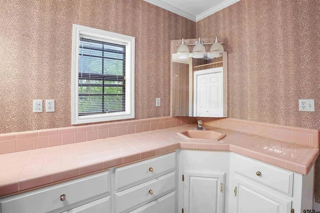 a bathroom with a sink and a mirror