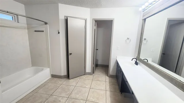 a bathroom with a tub sink and mirror