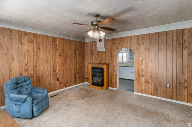 482 West 100 N Street Beaver, UT 84713 - Photo 3 of 41 Living room with a fireplace, wooden walls, ceiling fan, carpet floors, and a textured ceiling