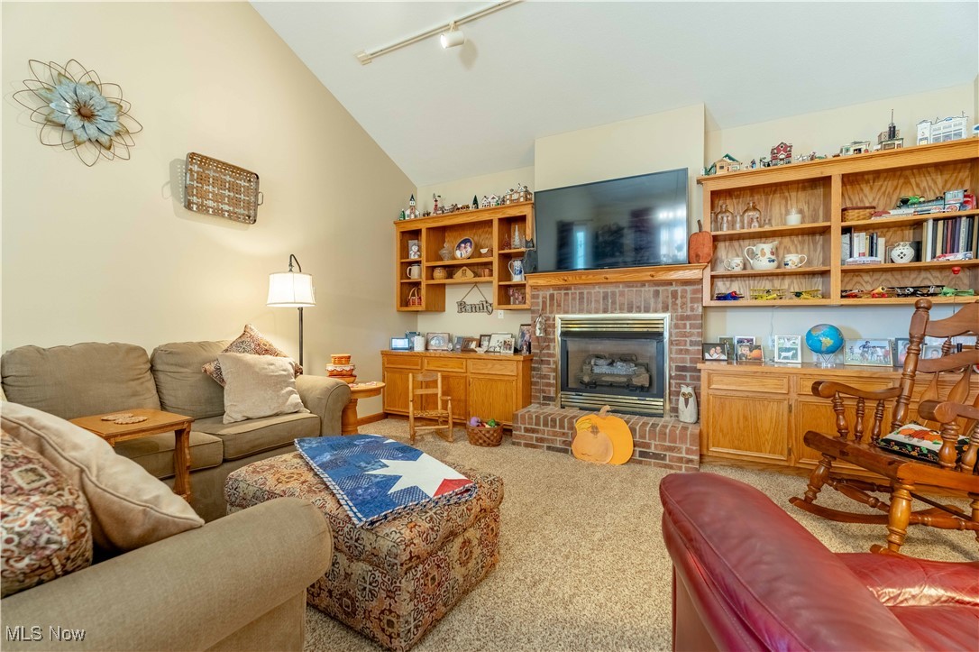 90480 Kilgore Ridge Road Scio, OH 43988 - Photo 13 of 39 Living room featuring light carpet, a brick fireplace, lofted ceiling, and track lighting
