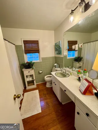 a bathroom with a sink mirror and toilet