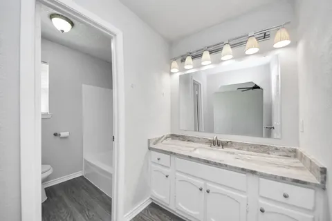 a bathroom with a granite countertop sink and a mirror
