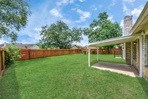 a view of a backyard with plants and large trees