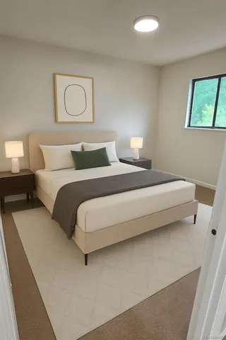 a bedroom with a bed and a lamp