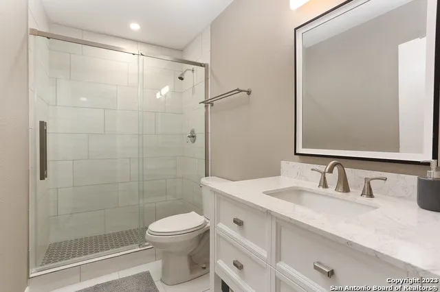 a bathroom with a shower sink vanity mirror and toilet