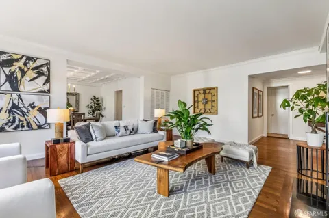 a living room with furniture potted plant and a rug
