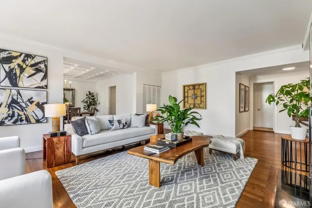 a living room with furniture potted plant and a rug