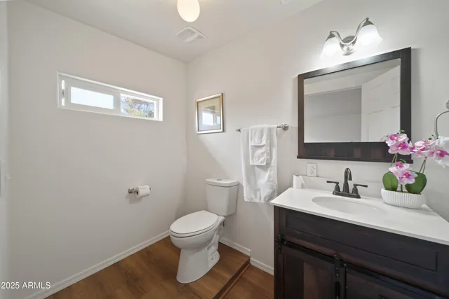 a bathroom with a sink toilet and mirror