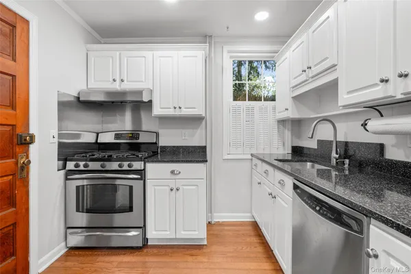 a kitchen with stainless steel appliances granite countertop a stove a sink and a microwave
