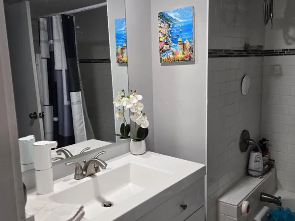 a bathroom with a sink and a mirror
