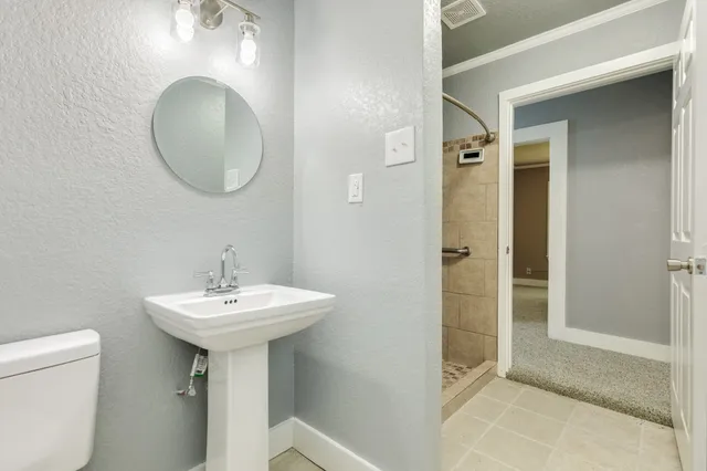 a bathroom with a sink a mirror and a shower