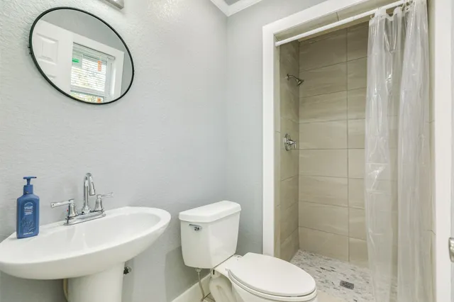 a bathroom with a sink a toilet and a mirror