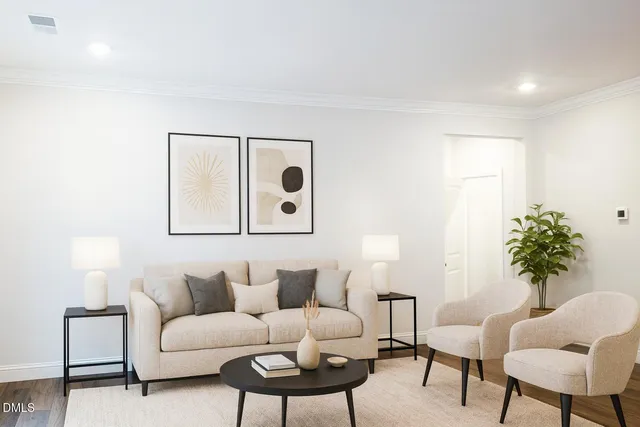 a living room with furniture and a potted plant