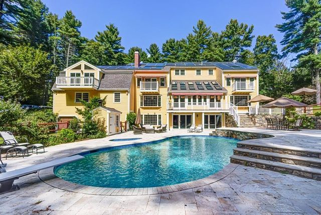 an aerial view of a house with swimming pool