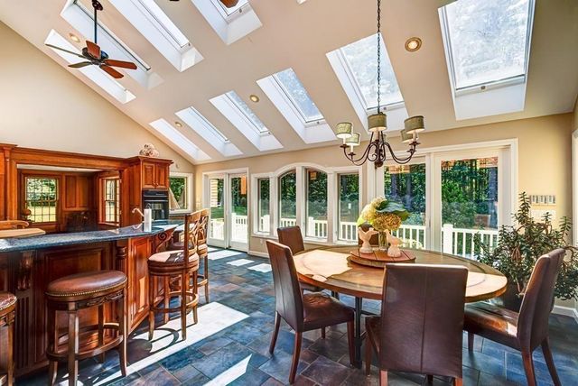 a view of a dining room with furniture window and outside view