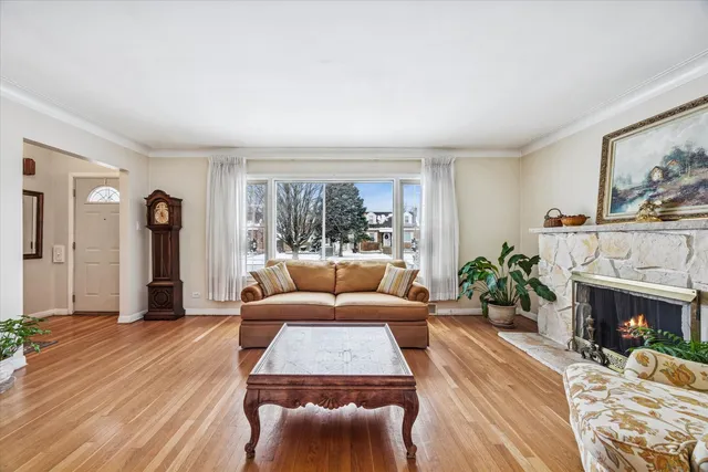 a living room with furniture a window and a fireplace