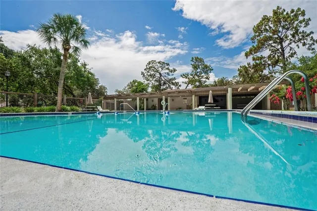 a view of a swimming pool with a yard