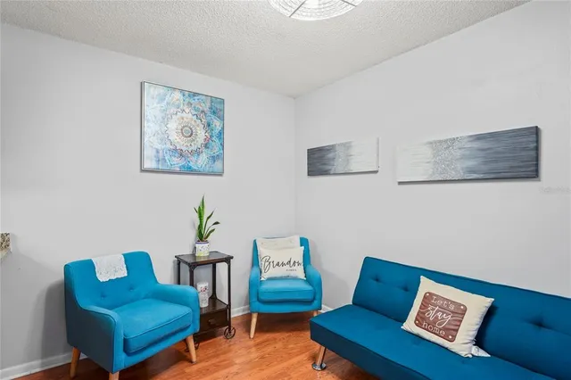 a living room with furniture and a chair