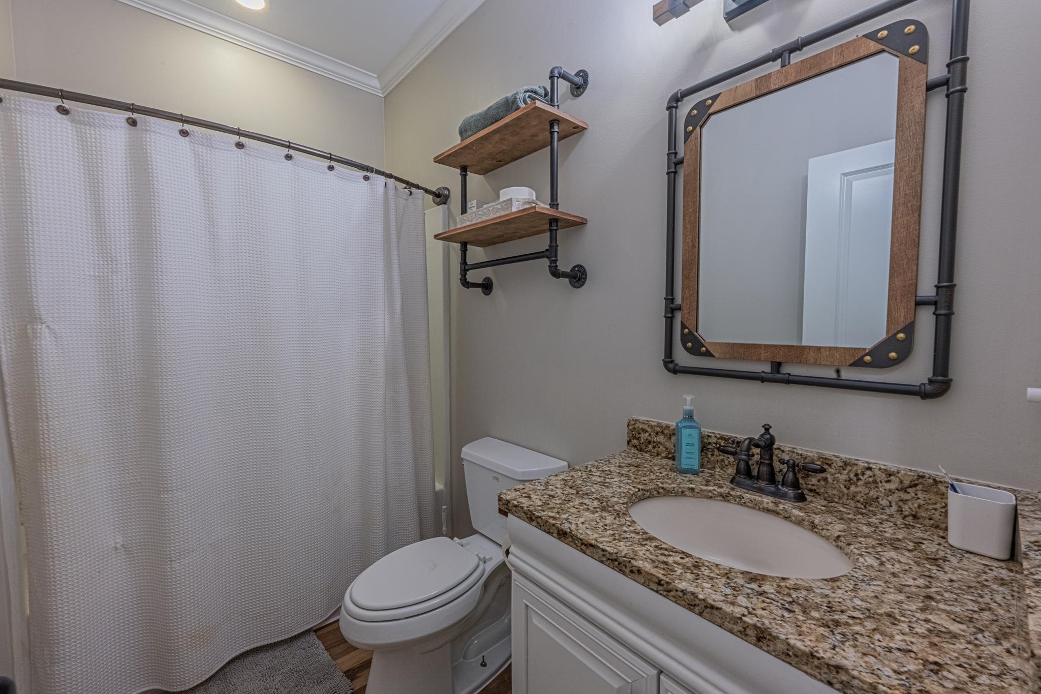 50 Shady Grove Road Williston, TN 38076 - Photo 25 of 35 a bathroom with a granite countertop sink and a mirror with toilet
