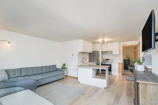 a living room with stainless steel appliances furniture and a flat screen tv