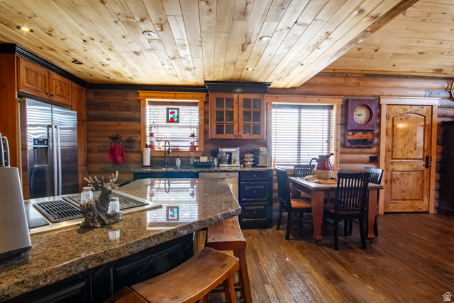 18906 North Canyon Road Whiterocks, UT 84085 - Photo 20 of 65 Kitchen with rustic walls, a kitchen breakfast bar, dark wood-style flooring, glass insert cabinets, and stainless steel appliances