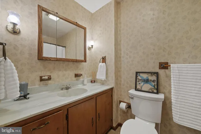 a bathroom with a toilet a sink and mirror